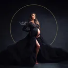 Элегантное Черное Кружевное Платье для беременных, с круглым вырезом, длинными рукавами, открытым передом, аппликациями, бисером, размера плюс