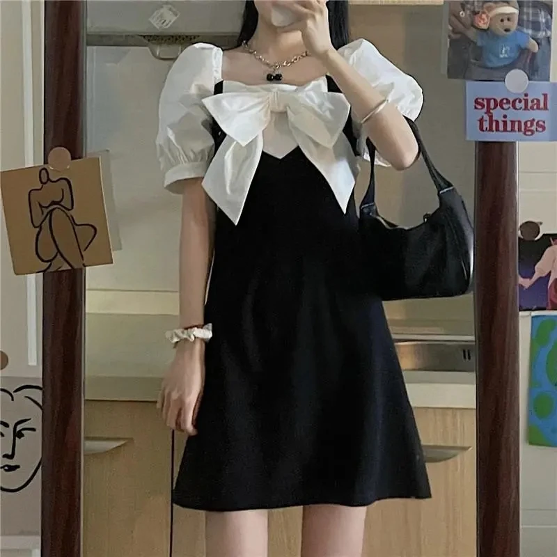 

2021 French Retro Fashion Elegant Bow Cute Sweet Women Dress Summer A-Line style kawaii Slim Party for Female Dresses
