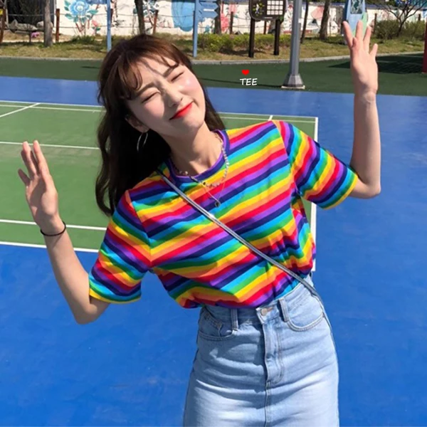 Женская одежда 2020 Повседневная Свободная футболка в радужную полоску женские
