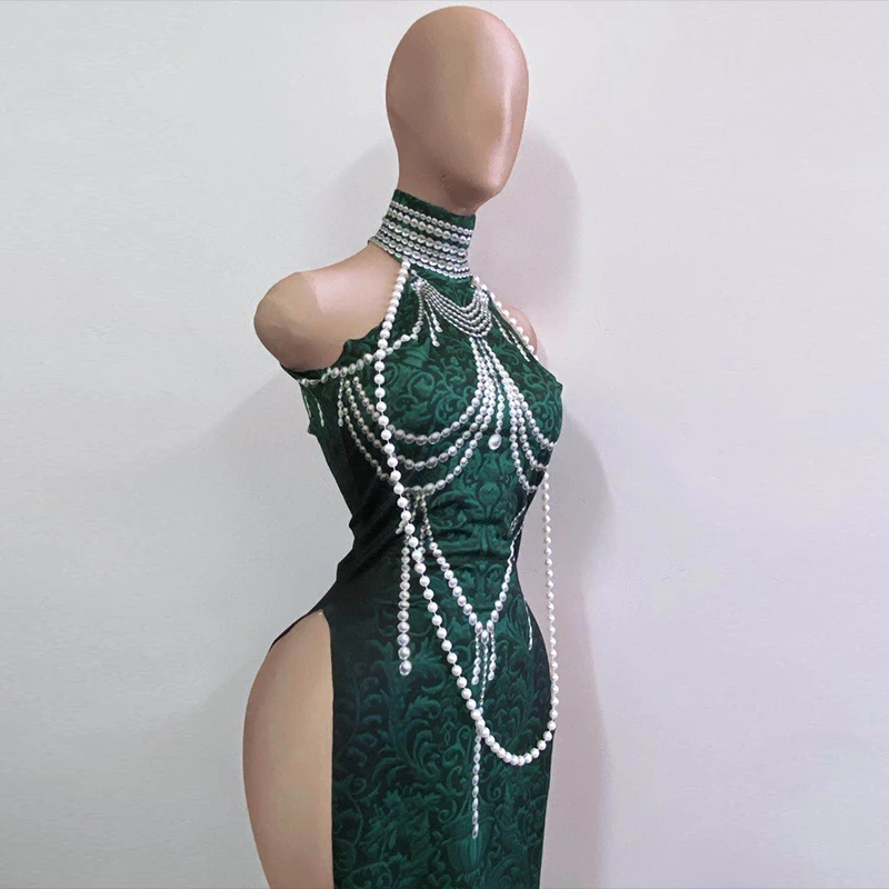 Женское длинное платье без рукавов qipao с жемчужинами и высоким разрезом