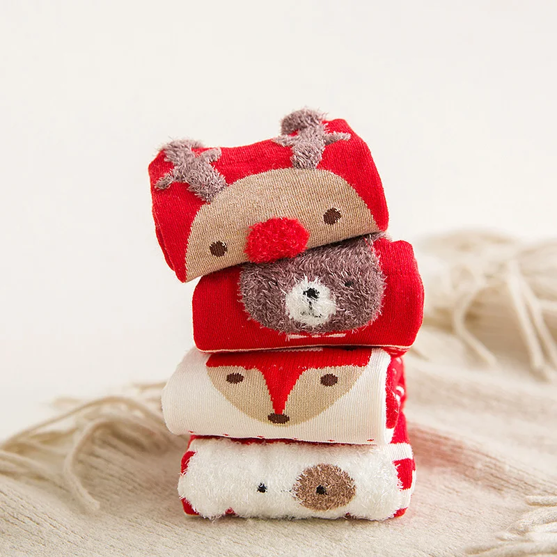 

4 Pair Gift Box Christmas Socks Women Winter Red Thermal Cotton Socks Deer Snow Wool Christmas Tree Decoration Warm Gift Socks