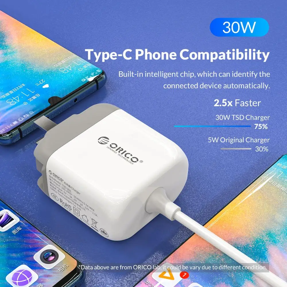 Зарядное устройство ORICO PD 3 0 с функцией быстрой зарядки и кабелем Type C для QC 18 Вт/30