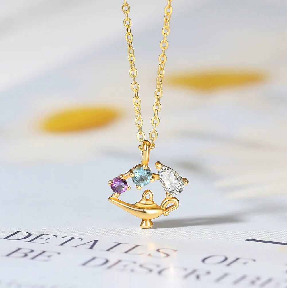 LAMOON 925 Sterling Silver Necklace For Women Natural Topaz Pendant Fairy Tale Magic Lamp 14K Gold Plated Fine Jewelry Girl Gift