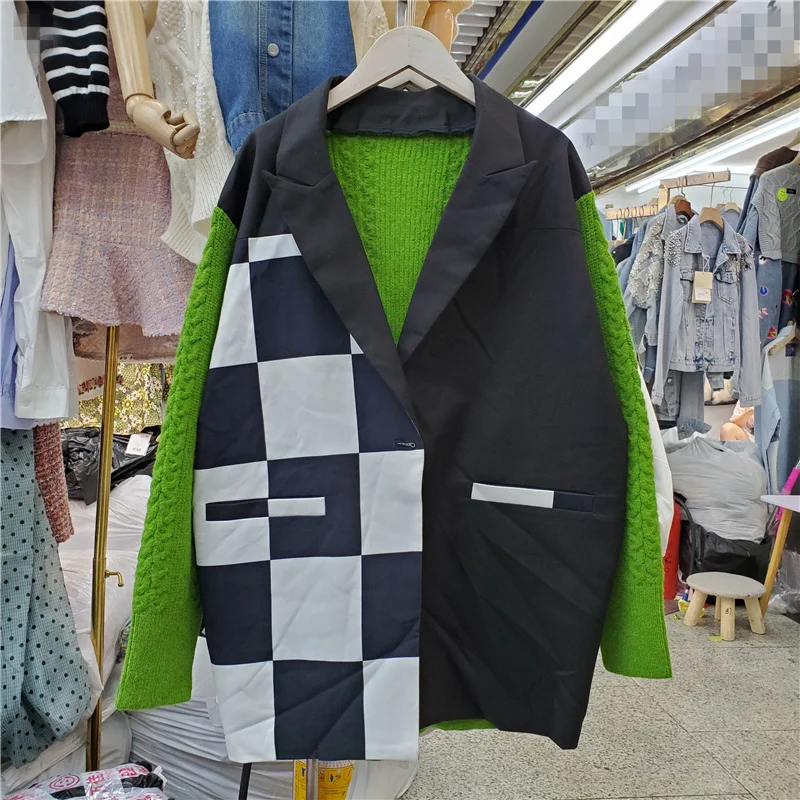 

SeeBeautiful Knitted Spliced Loose Blazer Coat Notched Long Sleeve Single Button New Fashion 2021 Autumn Winter Women G732