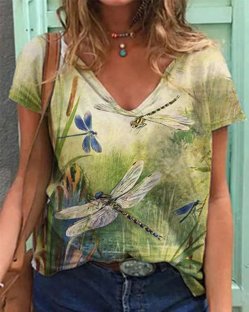 

Women's T Shirt Element Printing V Neck Short Sleeved New Summer Casual Loose Fashion Oversized Streetwear Women Clothing Tops