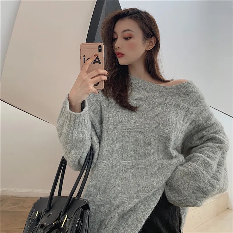 

2021 new spring loose oversize gray sweater simple solid thicken sweater outgoing casual fashion pullovers 2021 new female tops