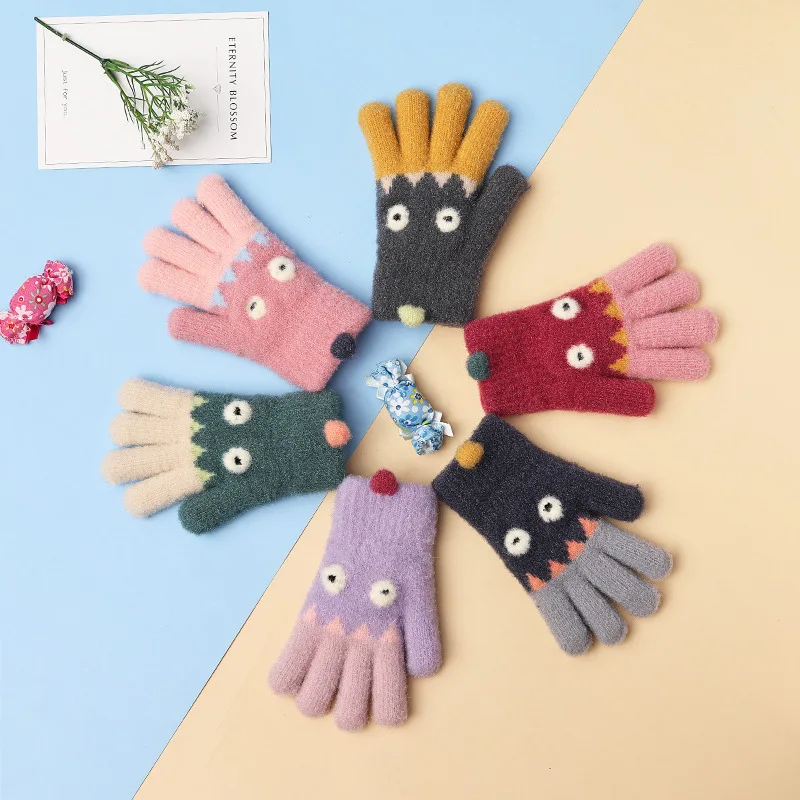 

Children's Warm Gloves Students Fleece Boys and Girls Autumn and Winter Cute Cartoon Thickened Five-finger Knitted Wool Gloves