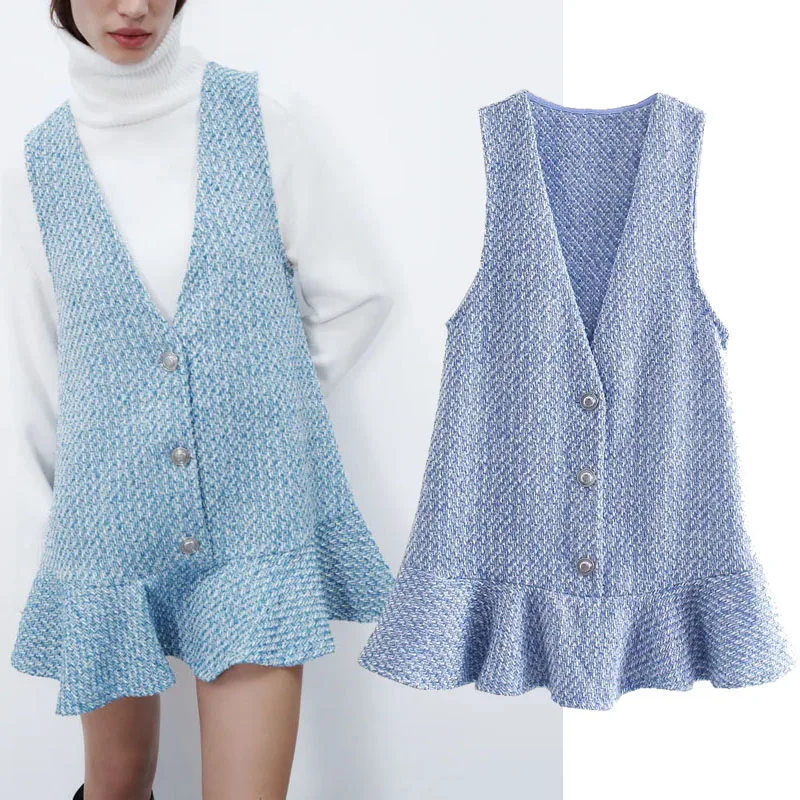 

Женское текстурированное мини-платье ZA, винтажное осеннее платье без рукавов, с V-образным вырезом и пуговицами, модное Повседневное платье ...