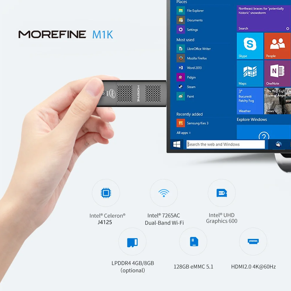 Мини-ПК Stick M1K Intel Quad Core J4125 HDMI USB3.0 BT5.0 windows11 Smart Plam 8G LPDDR4 128G/256G Mini PC TV BOX | Компьютеры и