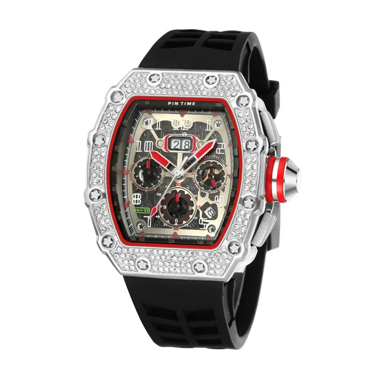 

Top Quality Diamond Men's Quartz Chronograph RM Style Tonneau Shaped Luxury Fashion Casual Waterproof Male Clock Relogio