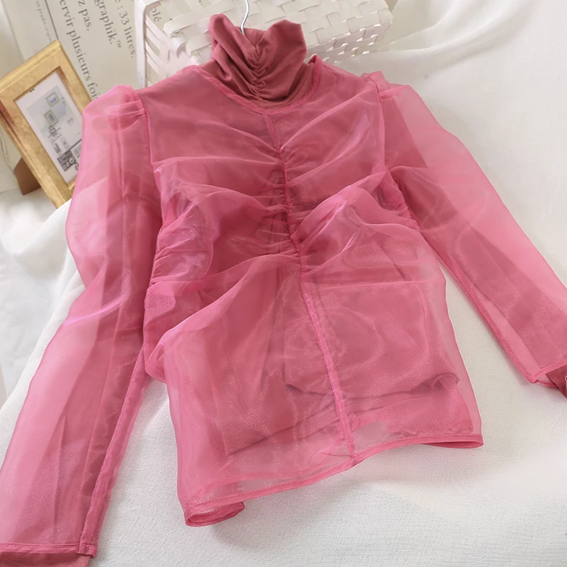 LANMREM 2020 Korean Version Of The New Winter Women's High Collar Long-sleeved Tight Puff Sleeve Perspective Shirt PC223 |