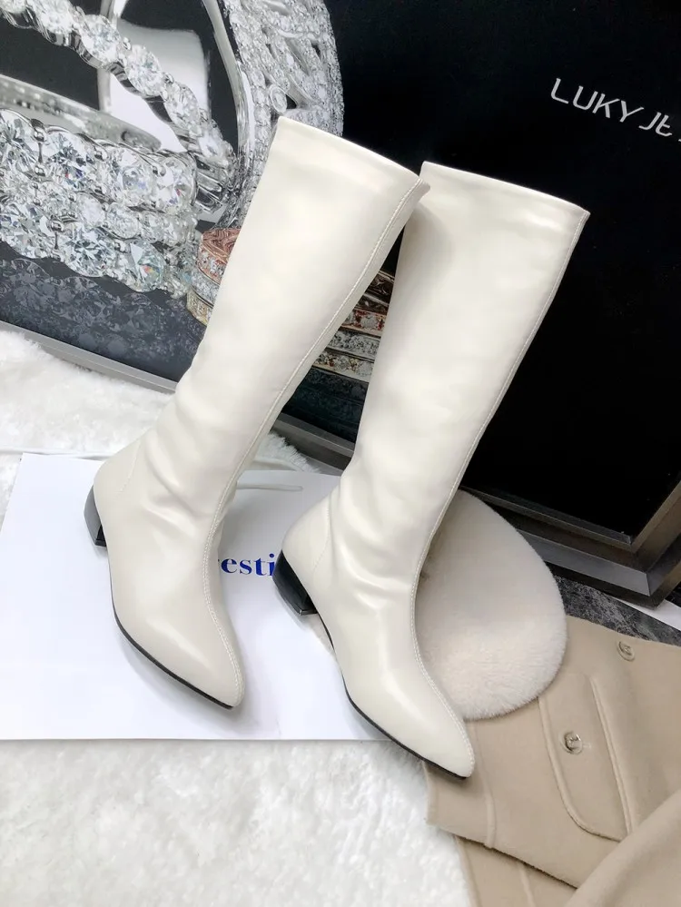 ZawsThia winter autumn yellow purple pink woman boots pointed toe low square heels mid-calf boots for women big size 34-48