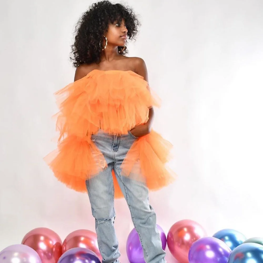 Модные оранжевые женские топы из тюля с оборками летние открытыми плечами