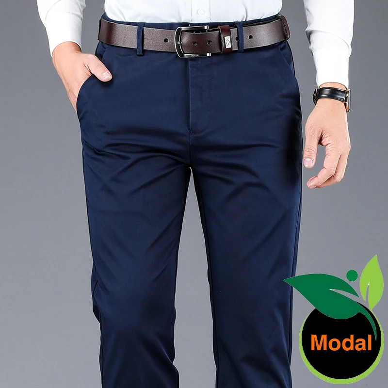 

4 Color Men's Business Casual Pants Modal Fabric Straight High Quality Trousers Male Brand Navy Light Grey Khaki Black