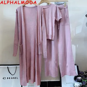 Женский трикотажный костюм ALPHALMODA, свитер с коротким рукавом + длинный кардиган + прямые брюки, комплект из 3 предметов