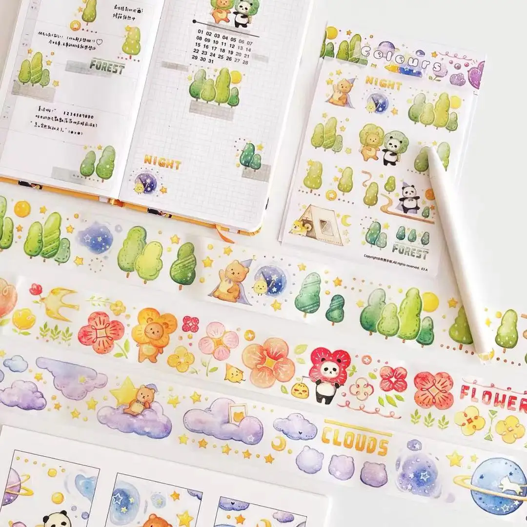 Cinta Washi de Panda de bosque pequeño para Plan de fabricación de tarjetas, pegatina decorativa de álbum de recortes DIY