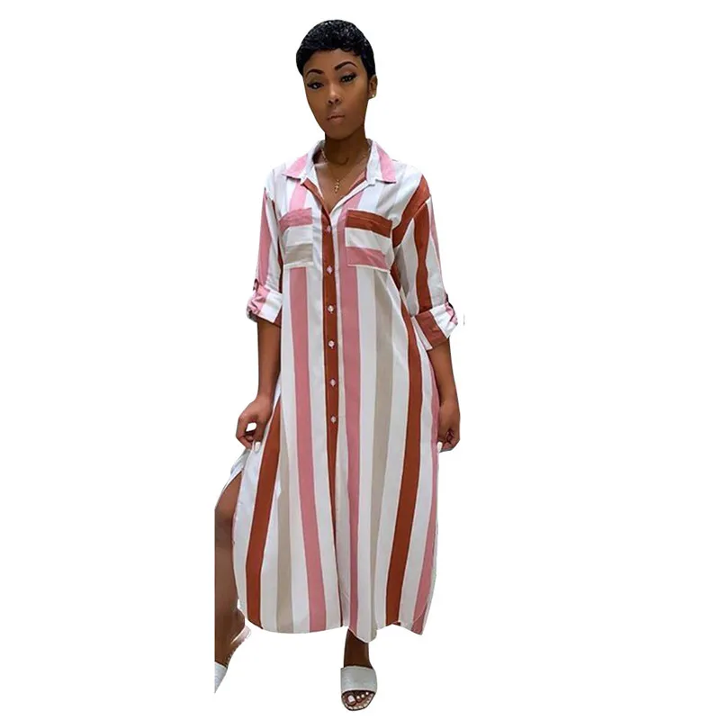 Размера плюс рубашка с длинными рукавами платье для женщин Полосатая Рубашка