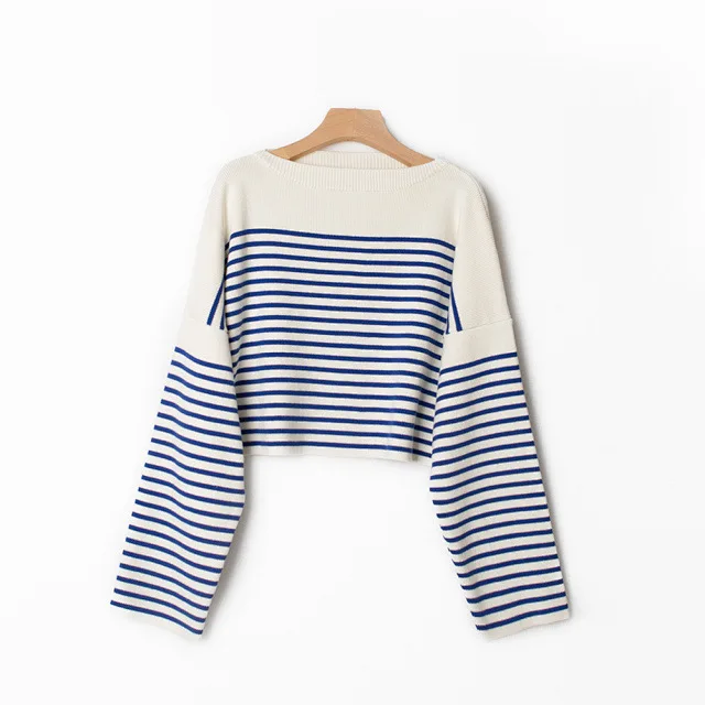 

Женский свитер, Новинка осени 2021, повседневный короткий свитер в контрастную полоску с одним вырезом