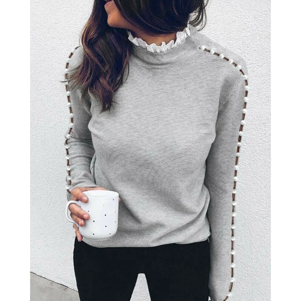 Женская кружевная блузка с длинным рукавом перфорацией и высоким