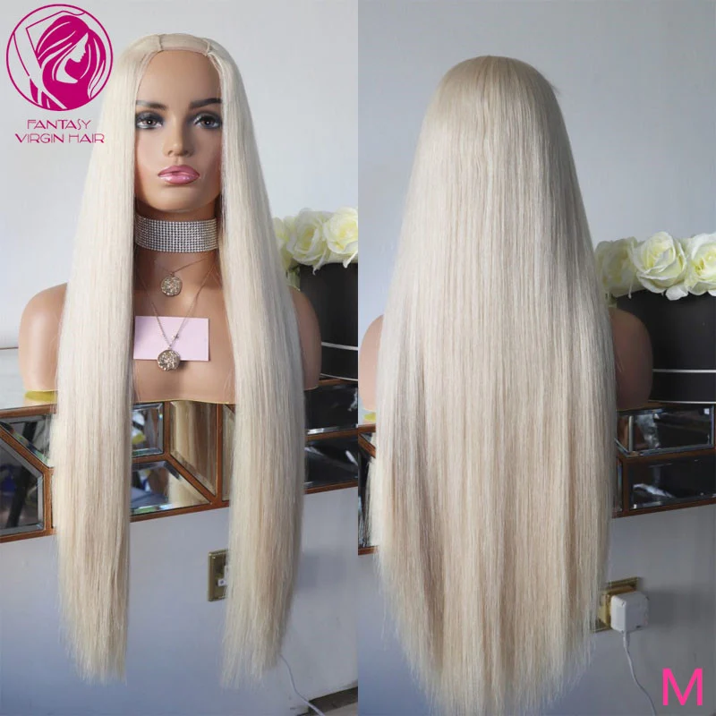 

Straight Human Hair Wigs White Blonde Colored 2x4 U Part Wig 60# Malaysian Remy Hair Machine Made 150% 180% Density