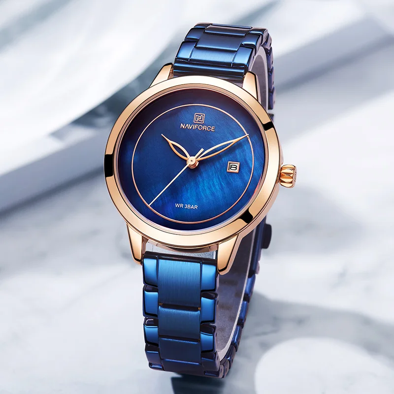 Женские кварцевые часы Naviforce из нержавеющей стали синего цвета|feminino|feminino relogio |