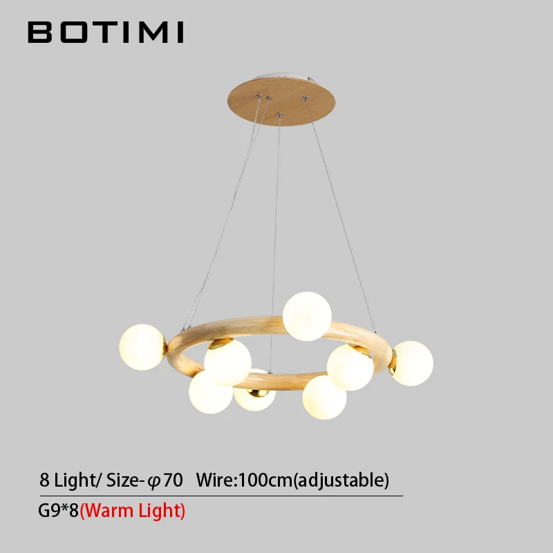 8 Light BOTIMI круглый деревянный светодиодный канделябр для гостиной стеклянный шар современные кордовые подвесные люстры кухонная осветительная арматура - Цвет абажура: 8 Light