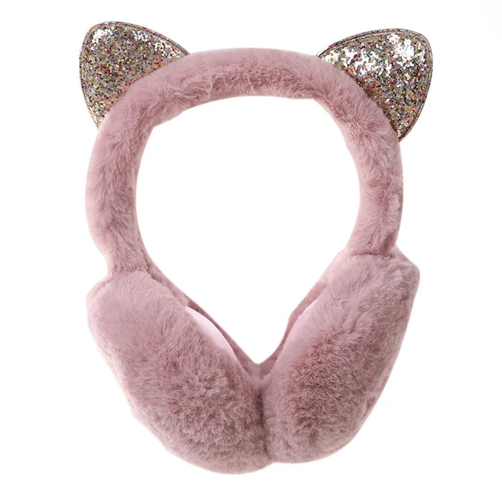 Модные женские меховые зимние ухо теплые наушники кошачьи уши блестящие блестки