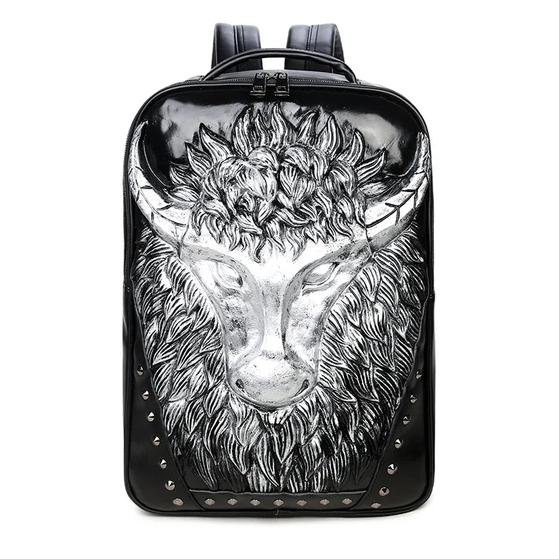 6 backpack 3D стереоскопический силиконовый коровья голова рюкзак мужской личности заклепки mochila Черный Водонепроницаемый ПУ кожа путешествия plecak - Цвет: 6 backpack