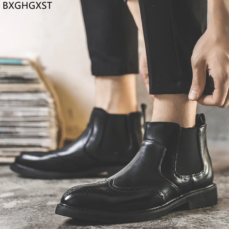 

Black Platform Boots for Men Male Leather Shoes for Man 2022 Brown Chelsea Boots Men Fashion Ankle Boots Man Casual Shoes Sapato