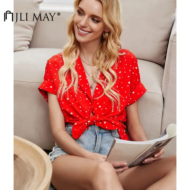 

JLI MAY Women's T-shirts Polka Dot V-neck Button Short Sleeve Button Summer Casual Loose T-shirt