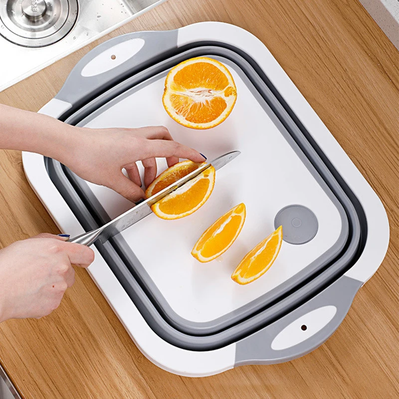 

Creative Foldable Cutting Board Collapsible Chopping Block with Colander Wash Basin Food Cutting Board Drain Kitchen Organize