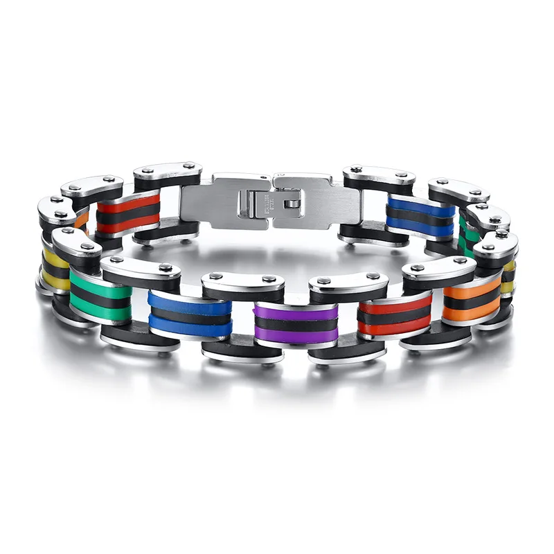Силиконовый браслет из нержавеющей стали 316L мужской с радужной застежкой