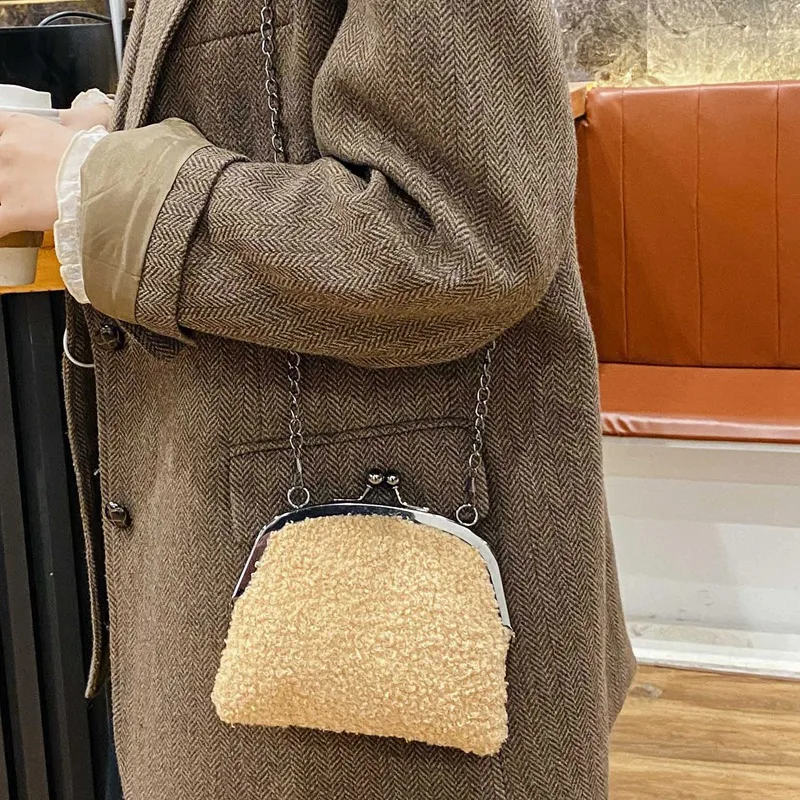 

Pure Color Lamb Hair Bag Ladies Shoulder Bag Plush Trend Handbag Purse