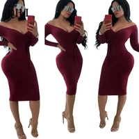 qili women sexy off the shoulder dress deep v neck long sleeve bow pencil dresses black red and wine red women bodycon dress