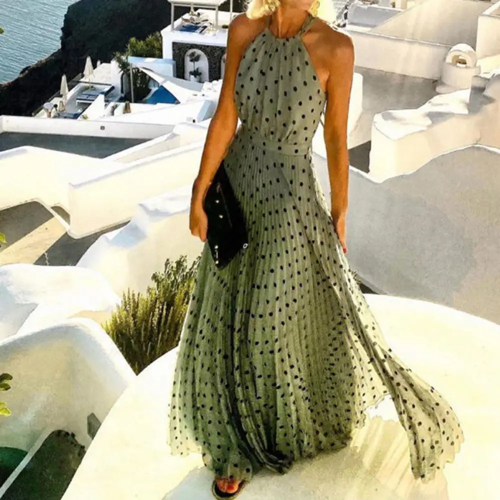 

Женское длинное платье с лямкой на шее, летнее Плиссированное Платье Макси без рукавов в стиле бохо с О-образным вырезом, элегантное женское...