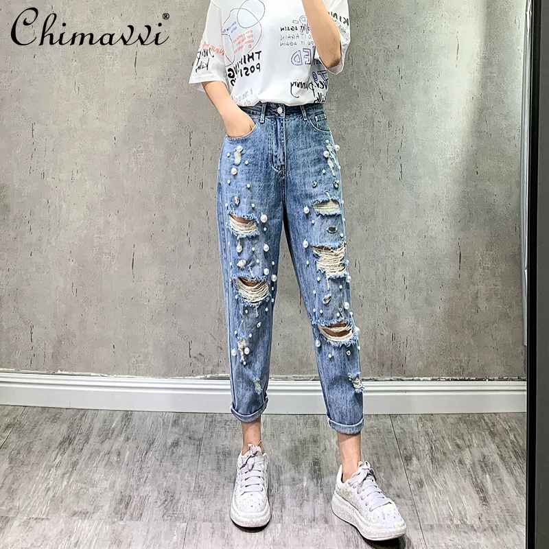 

2021 Summer Beads Rhinestones Jeans Women Ripped Straight Loose High Waist Jeans Lady Cropped Harem Daddy Baggy Denim Pants