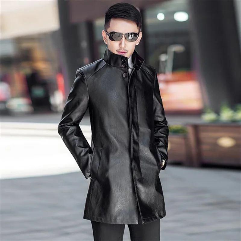 Тренчкот мужской классический однобортный деловой повседневный кожаный жакет