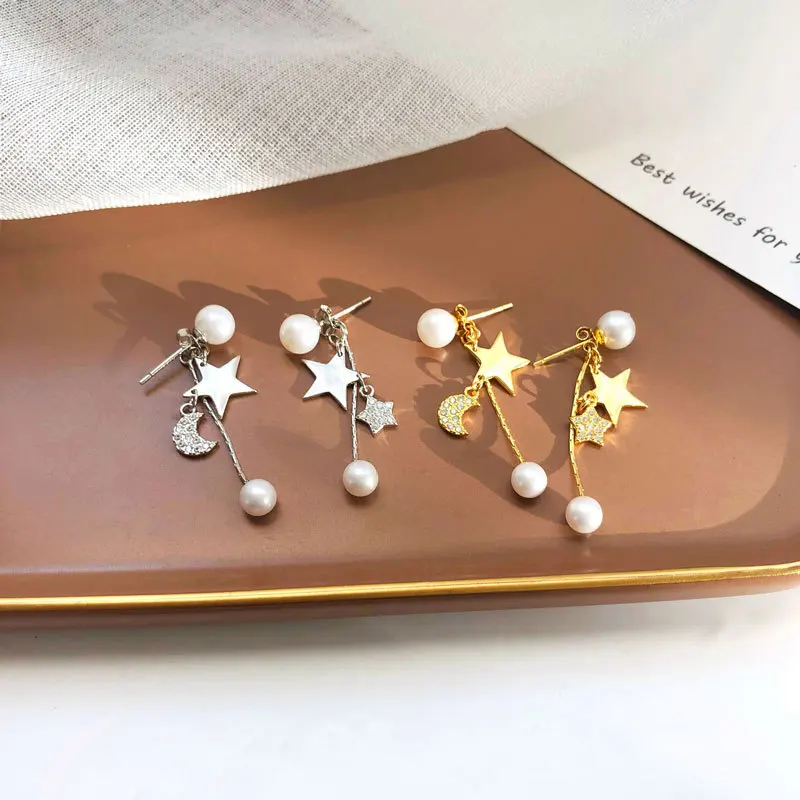 

S925 Silver Star Moon Pearl Earrings French Retro Earrings 2021 New Female drop earrings for women dangle gold