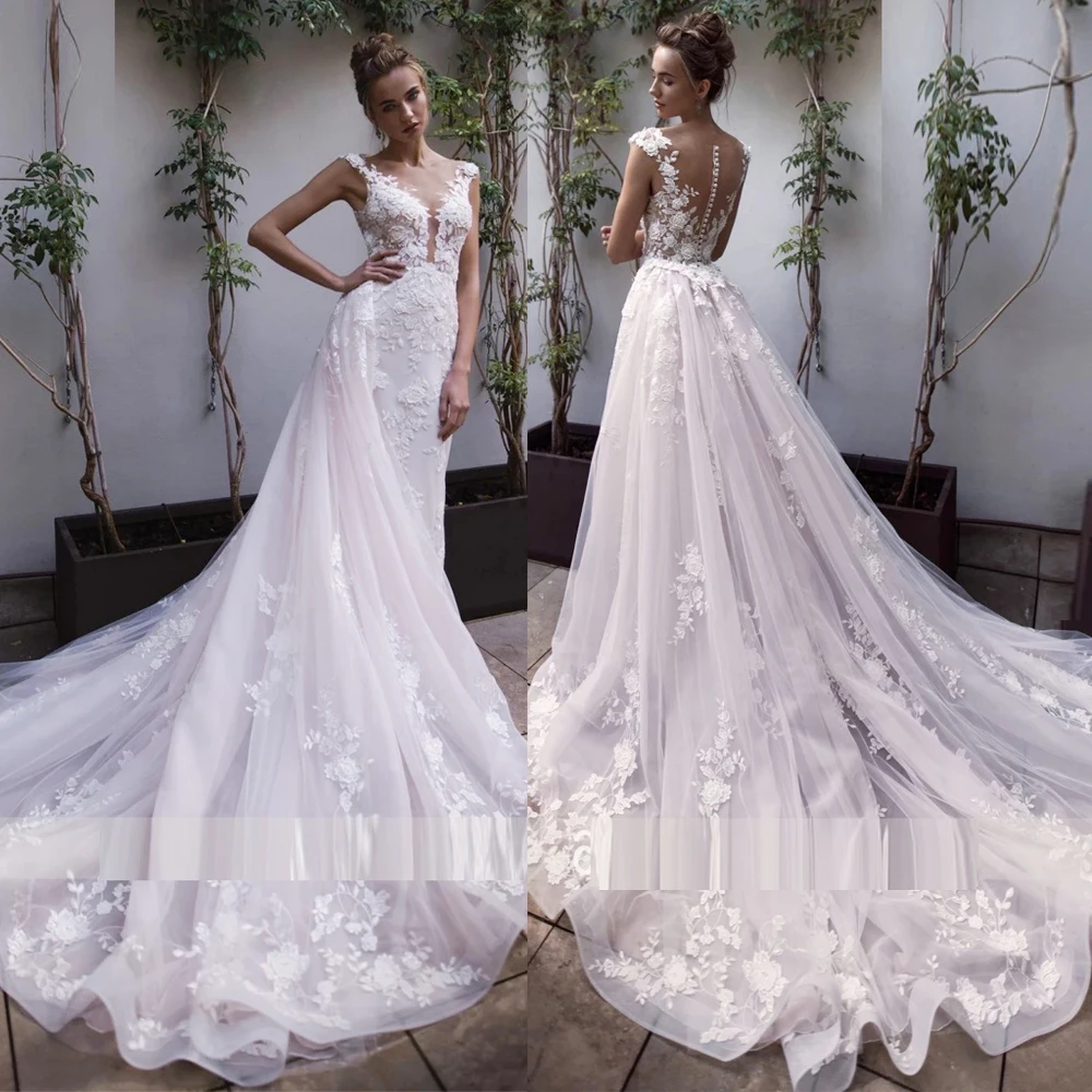 

Потрясающие Свадебные Платья с цветочным принтом, кружевные свадебные платья с V-образным вырезом и аппликацией для помолвки и невествечер...