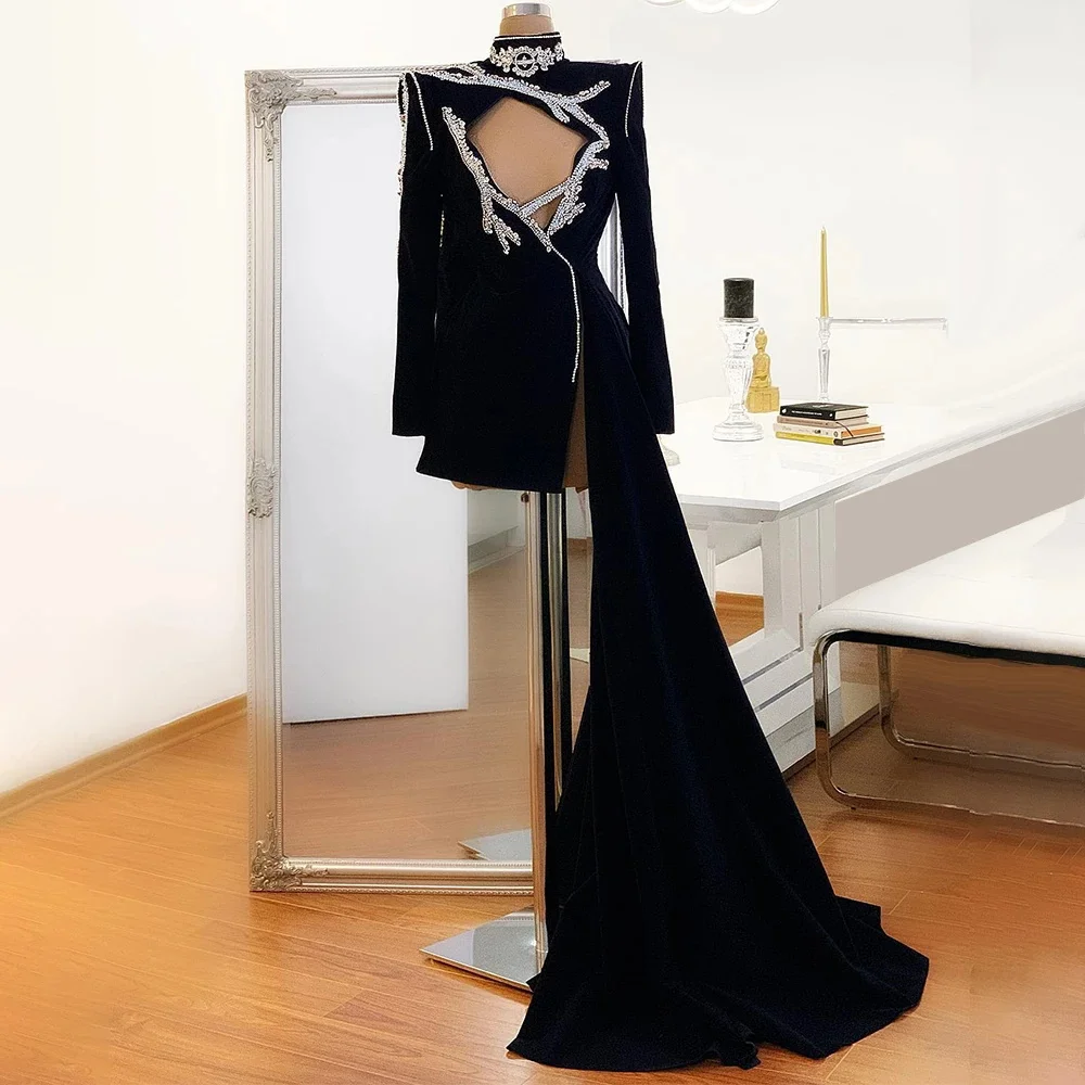 

Elegant Short Black Prom Dresses Cut Out Beaded Evening Gowns Side Split Formal Party Cocktail Robe De Soiree Pageant Dress
