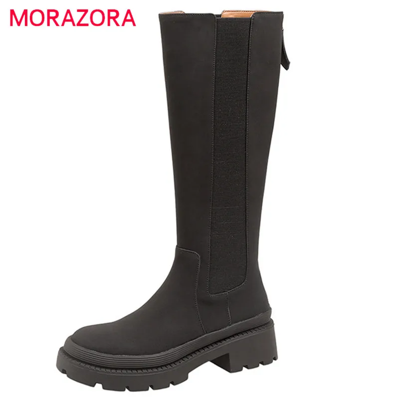 

Женские сапоги из натуральной кожи MORAZORA, черные сапоги до колена из натуральной кожи, с круглым носком, на низком каблуке, на молнии, осень 2022