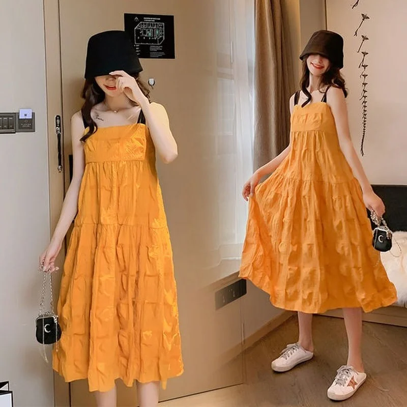 

2021 корейская мода для беременных, женское длинное платье без рукавов желтого цвета свободные беременная женщина спагетти ремень платье ...