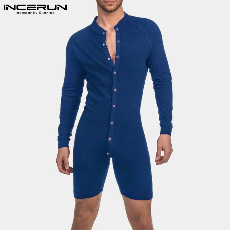 

Man Fitness Shorts Homewear Jumpsuit INCERUN Men Solid Color Onesies 2021 Leisure Long Sleeve V Neck Button Romper Pajamas S-5XL