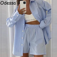 odessa summer stripe shorts two piece set women long sleeve shirt loose short pants matching suits casual loungewear outfit 2021