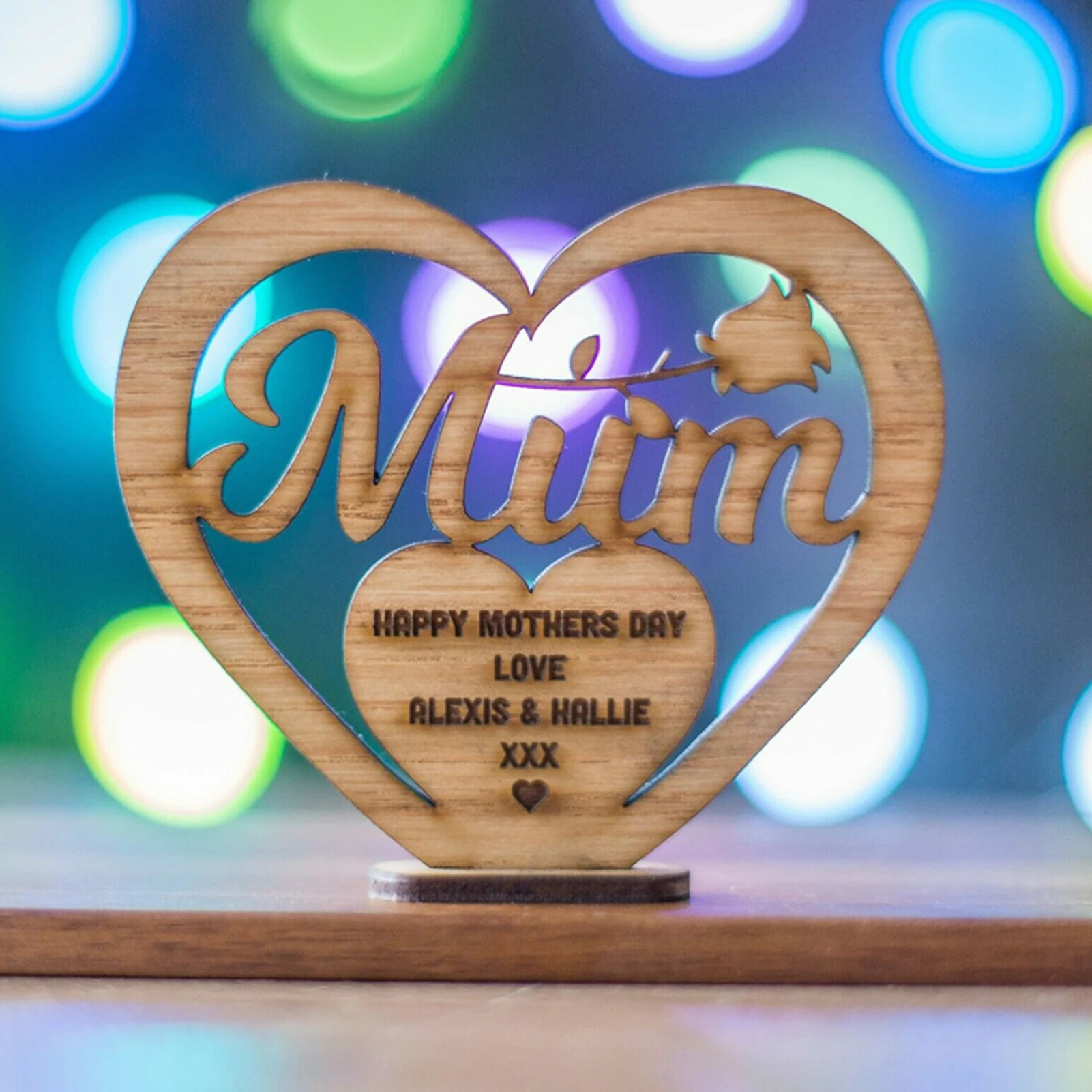 

Wooden Heart Plaque Freestanding Love for Mother's Day Hollow Ornament Woodblock Craft Gift for Mum
