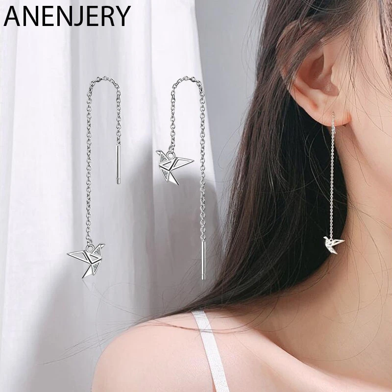 Женские серьги цепочки ANENJERY 925 пробы серебряные простые бумажные с краном