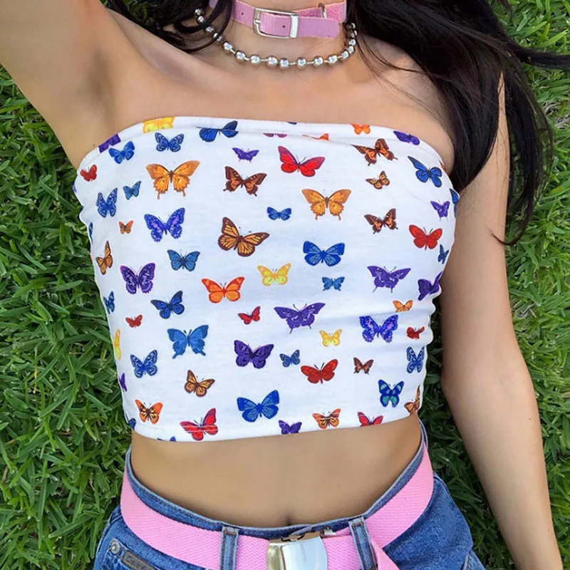 Женский Короткий Топ без бретелек с принтом бабочек облегающий кроп для лета