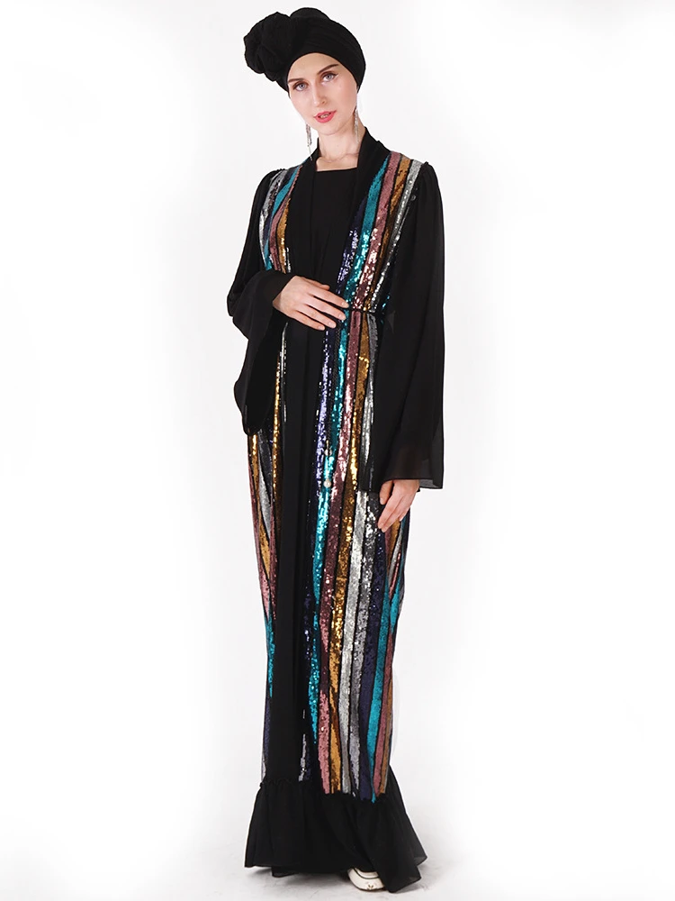 

Middle East Dubai Robe Abaya Fashion Muslim Color Vertical Strip Sequins Embroidered Chiffon Stitching Long Sleeve Cardigan