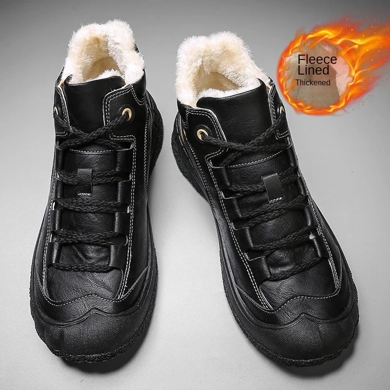

Winter Boots for Men Shoes Plus Velvet Warm Nude Boots Plush Thick Waterproof Men's Boots Flat Non-leather Casual Shoes