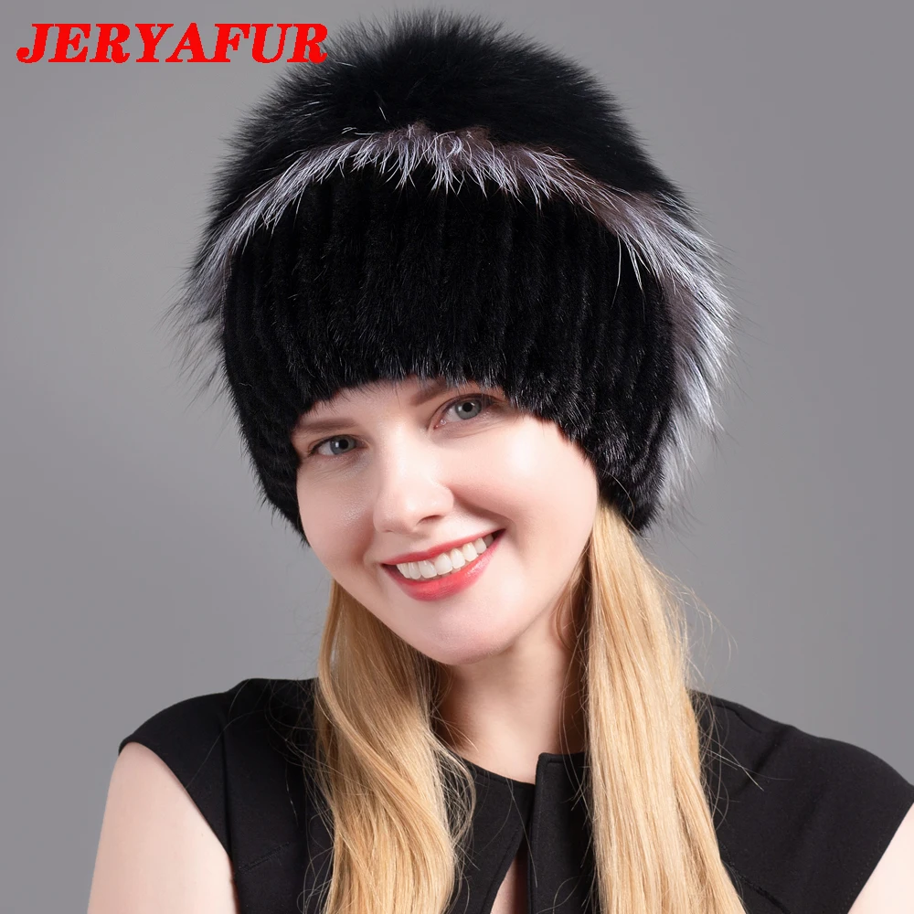 

JERYAFUR Russian Fur Women Winter Fashion Hat Natural Rabbit Mink Fur Genuine Fox Knitted Wool Ski Hat Warm Ear Protection Trave